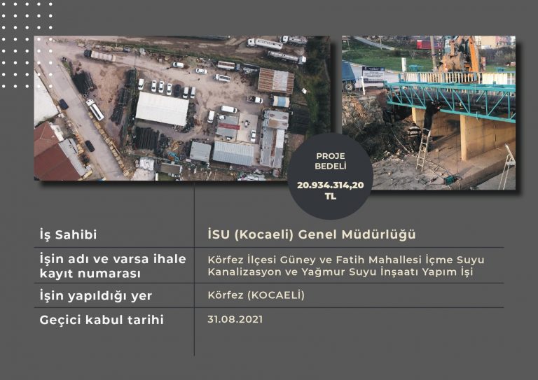 Körfez İlçesi Güney ve Fatih Mahallesi İçme Suyu Kanalizasyon ve Yağmur Suyu İnşaatı Yapım İşi