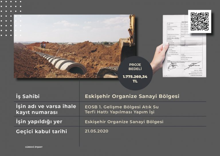 EOSB 1. Gelişme Bölgesi Atık Su Terfi Hattı Yapılması Yapım İşi