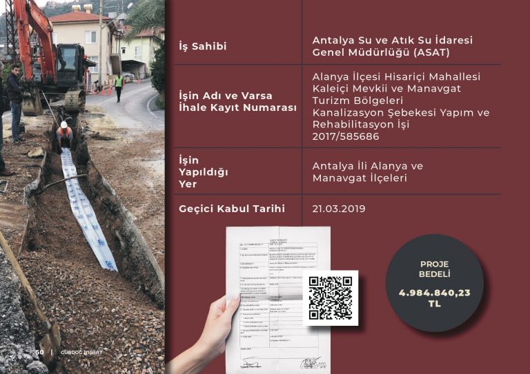 Alanya İlçesi Hisariçi Mahallesi Kaleiçi Mevkii ve Manavgat Turizm Bölgeleri Kanalizasyon Şebekesi Yapım ve Rehabilitasyon İşi